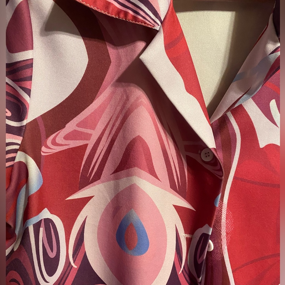 Pink Pattern Button Down Short Sleeve Top - image 2